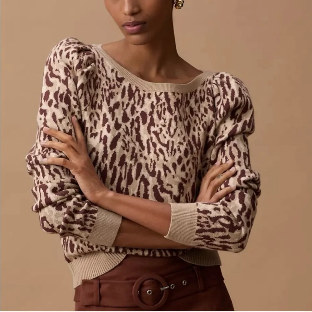 Anthropologie Maeve Knit Leopard Print Sweater XL Puff Sleeve Soft Chic Neutral